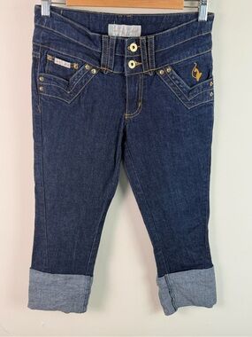 Baby Phat Dark Indigo Cuffed Crop Jeans with Gold Stitching